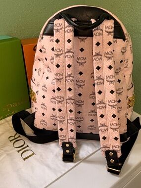MCM Pink Logo Monogram Backpack with Black Trim authentic